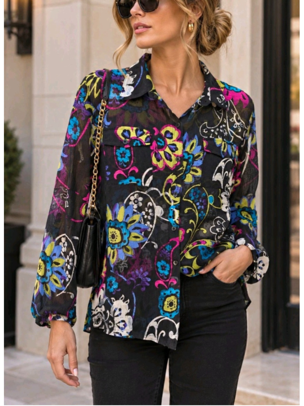 Chico's Blouse Size 2 L US 12 Vintage 100% Silk Paisley Floral Y2K Boho Chic